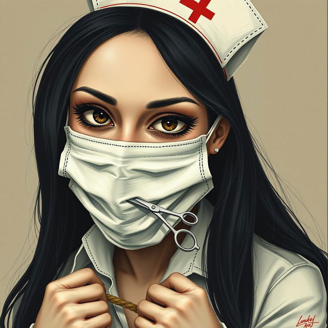 Create an image of a woman with very large breasts, long black hair, wearing a mask and a nurse's hat