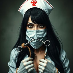 Create an image of a woman with very large breasts, long black hair, wearing a mask and a nurse's hat