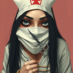 Create an image of a woman with very large breasts, long black hair, wearing a mask and a nurse's hat