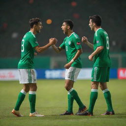 Soccer players engaging in a heated argument during a match on a vivid green pitch under bright stadium lights