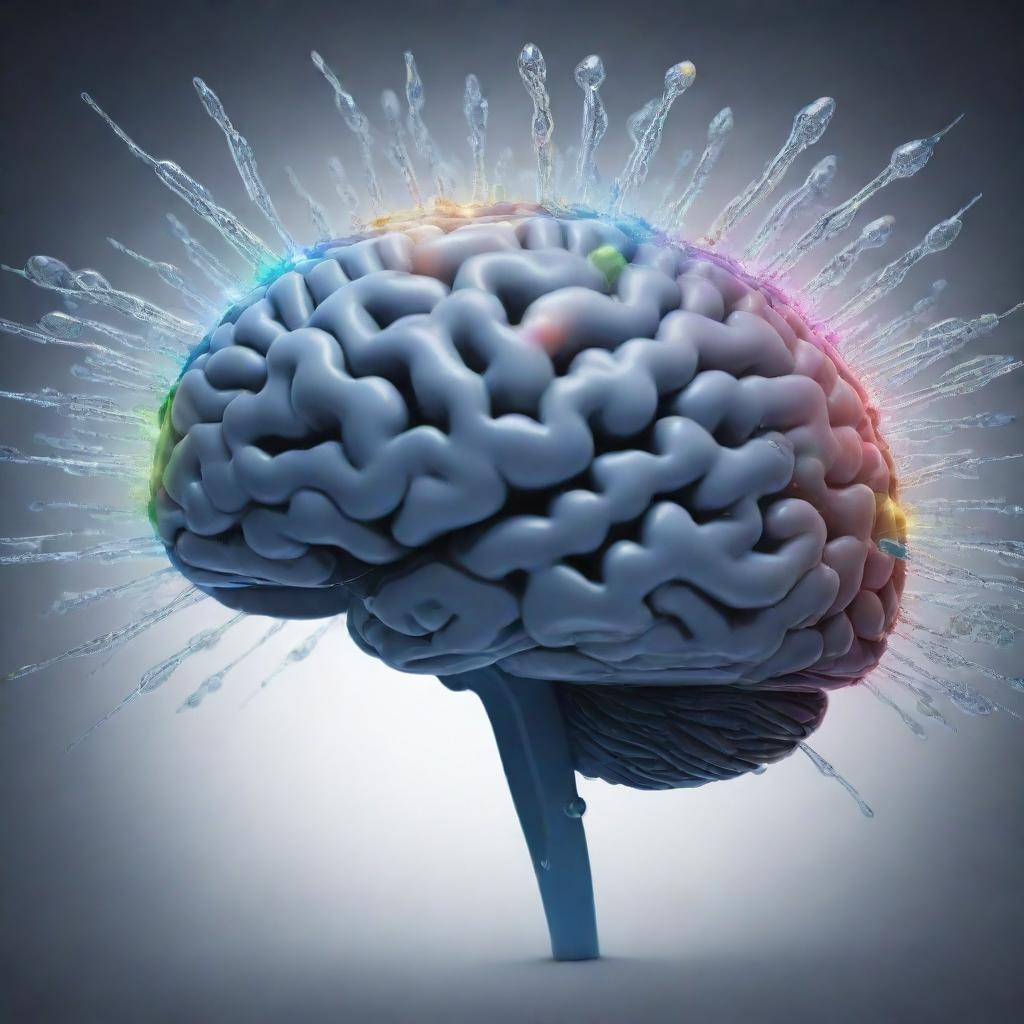 A high-definition image of a brain with serum injections, each containing a different logo of various digital platforms integrated within the droplets.