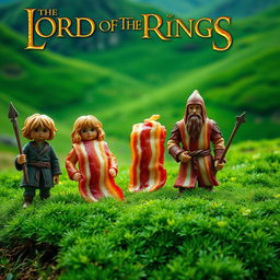 A whimsical scene from Lord of The Rings, where all the characters are made of bacon