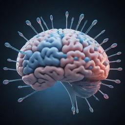 A high-definition image of a brain with serum injections, each containing a different logo of various digital platforms integrated within the droplets.