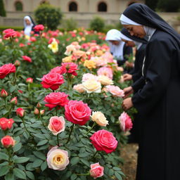 A garden featuring a variety of roses and nuns tending to the plants