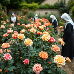 A garden featuring a variety of roses and nuns tending to the plants