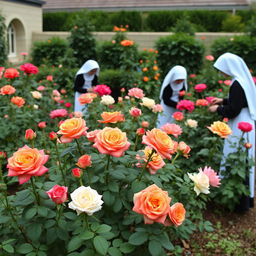 A garden featuring a variety of roses and nuns tending to the plants