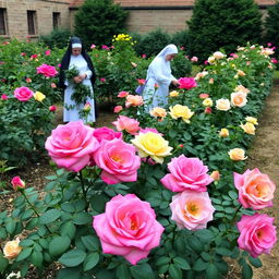 A garden featuring a variety of roses and nuns tending to the plants