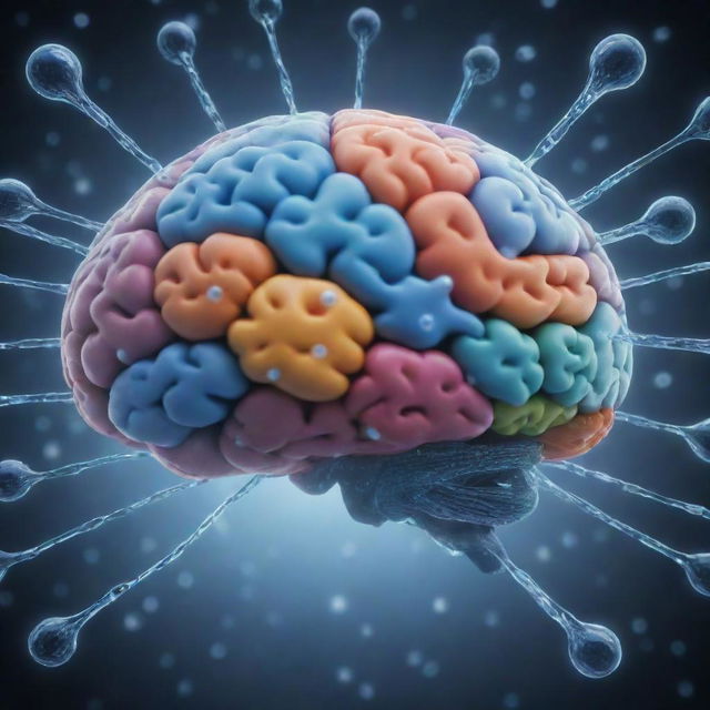 A high-definition image of a brain with serum injections, each containing a different logo of various digital platforms integrated within the droplets.