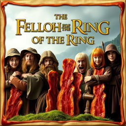 A parody of The Fellowship of the Ring movie poster, where all the characters are made out of bacon