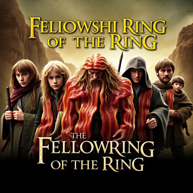 A parody of The Fellowship of the Ring movie poster, where all the characters are made out of bacon