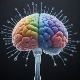 A high-definition image of a brain with serum injections, each containing a different logo of various digital platforms integrated within the droplets.