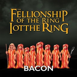 A parody of The Fellowship of the Ring movie poster, where all the characters are made out of bacon and the movie title says 'Fellowship of the Bacon'