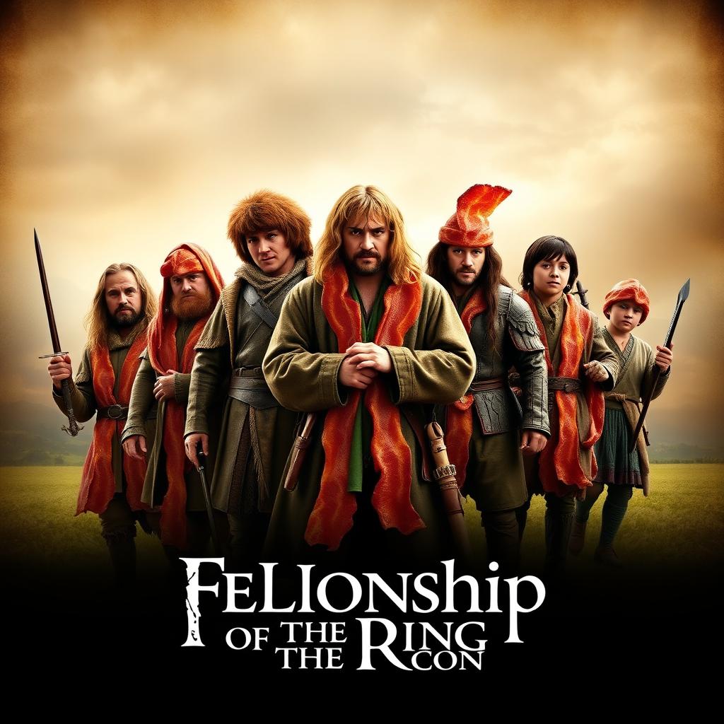 A parody of The Fellowship of the Ring movie poster, where all the characters are made out of bacon and the movie title says 'Fellowship of the Bacon'