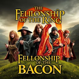 A parody of The Fellowship of the Ring movie poster, where all the characters are made out of bacon and the movie title says 'Fellowship of the Bacon'