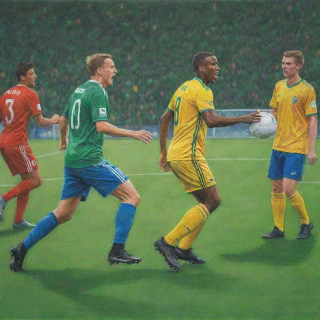 Soccer players engaging in a heated argument during a match on a vivid green pitch under bright stadium lights, reimagined as a vivid colored pencil drawing