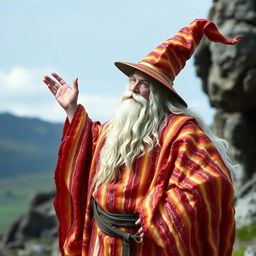 A whimsical depiction of Gandalf from Lord of the Rings, but with his robe made entirely out of bacon