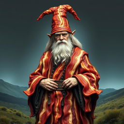 A whimsical depiction of Gandalf from Lord of the Rings, but with his robe made entirely out of bacon