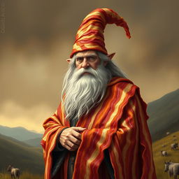 A whimsical depiction of Gandalf from Lord of the Rings, but with his robe made entirely out of bacon