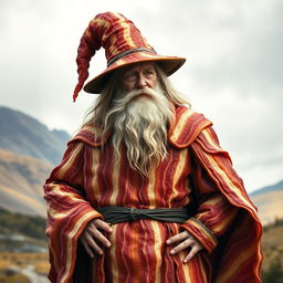 A whimsical depiction of Gandalf from Lord of the Rings, but with his robe made entirely out of bacon