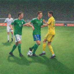 Soccer players engaging in a heated argument during a match on a vivid green pitch under bright stadium lights, reimagined as a vivid colored pencil drawing