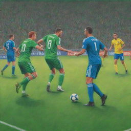 Soccer players engaging in a heated argument during a match on a vivid green pitch under bright stadium lights, reimagined as a vivid colored pencil drawing