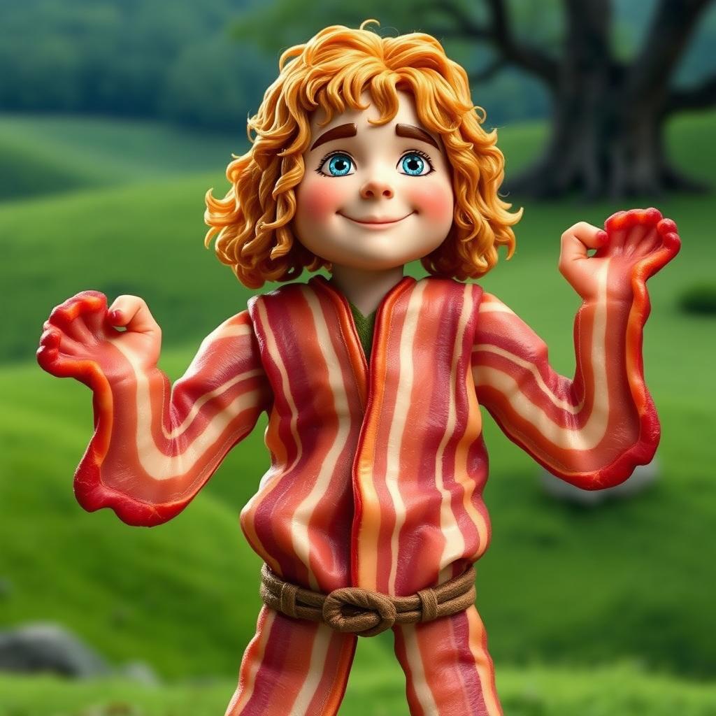 A humorous depiction of Frodo Baggins from Lord of the Rings, but transformed into a figure made entirely of bacon