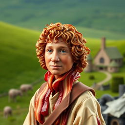 A humorous depiction of Frodo Baggins from Lord of the Rings, but transformed into a figure made entirely of bacon