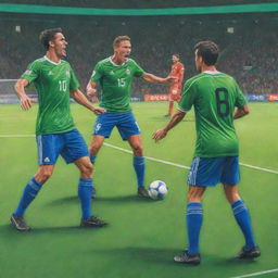 Soccer players engaging in a heated argument during a match on a vivid green pitch under bright stadium lights, reimagined as a vivid colored pencil drawing