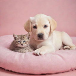 A cute Labrador puppy and a kitten cuddling together on a pink pet bed