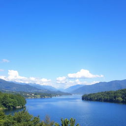 A serene landscape featuring a calm lake surrounded by lush green trees and mountains in the background under a clear blue sky with a few fluffy white clouds