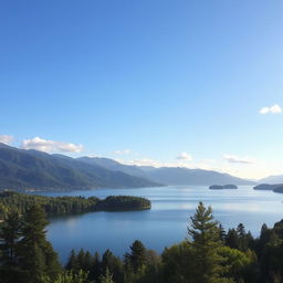 A serene landscape featuring a calm lake surrounded by lush green trees and mountains in the background under a clear blue sky with a few fluffy white clouds