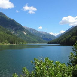 A serene landscape featuring a calm lake surrounded by lush green trees and mountains in the background under a clear blue sky with a few fluffy white clouds