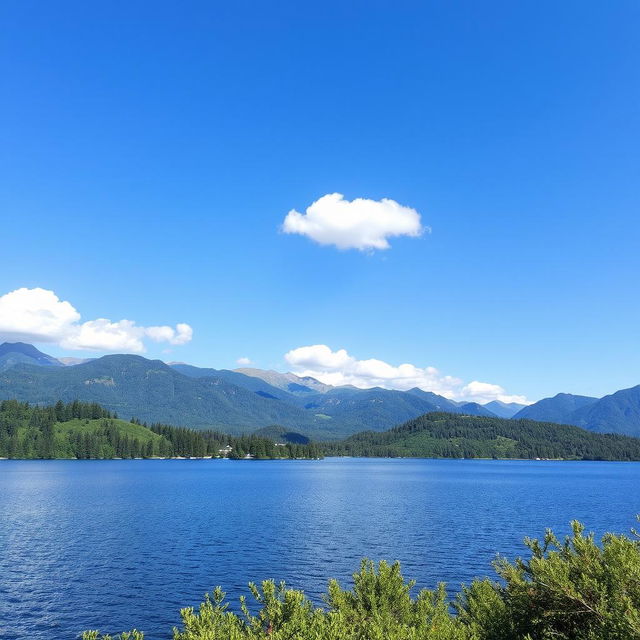 A serene landscape featuring a calm lake surrounded by lush green trees and mountains in the background under a clear blue sky with a few fluffy white clouds