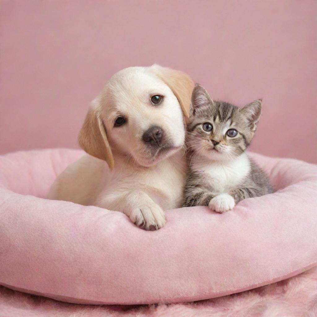 A cute Labrador puppy and a kitten cuddling together on a pink pet bed