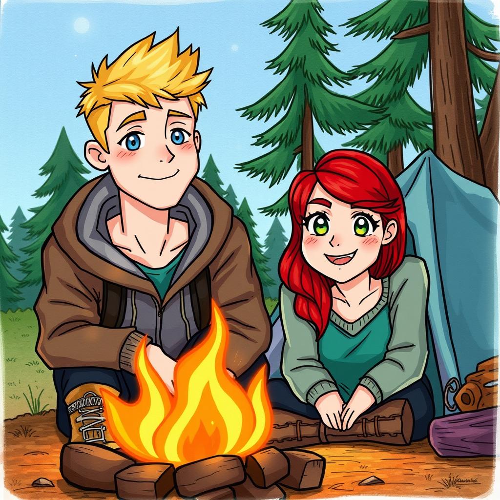 A drawing of a blonde man with blue eyes and a red-haired woman with green eyes at a campsite