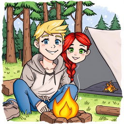 A drawing of a blonde man with blue eyes and a red-haired woman with green eyes at a campsite