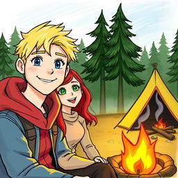 A drawing of a blonde man with blue eyes and a red-haired woman with green eyes at a campsite