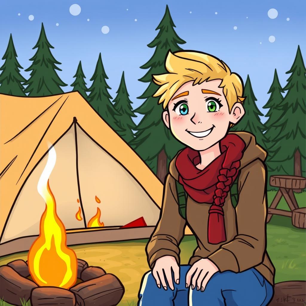 A drawing of a blonde man with blue eyes and a red-haired woman with green eyes at a campsite