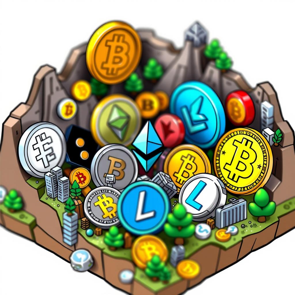 A detailed and colorful miniature illustration featuring various popular cryptocurrencies like Bitcoin, Ethereum, and Litecoin