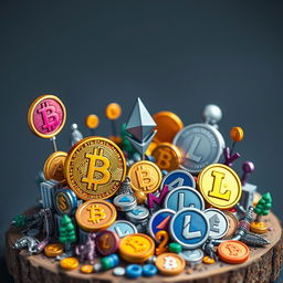 A detailed and colorful miniature illustration featuring various popular cryptocurrencies like Bitcoin, Ethereum, and Litecoin