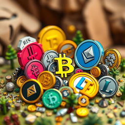 A detailed and colorful miniature illustration featuring various popular cryptocurrencies like Bitcoin, Ethereum, and Litecoin