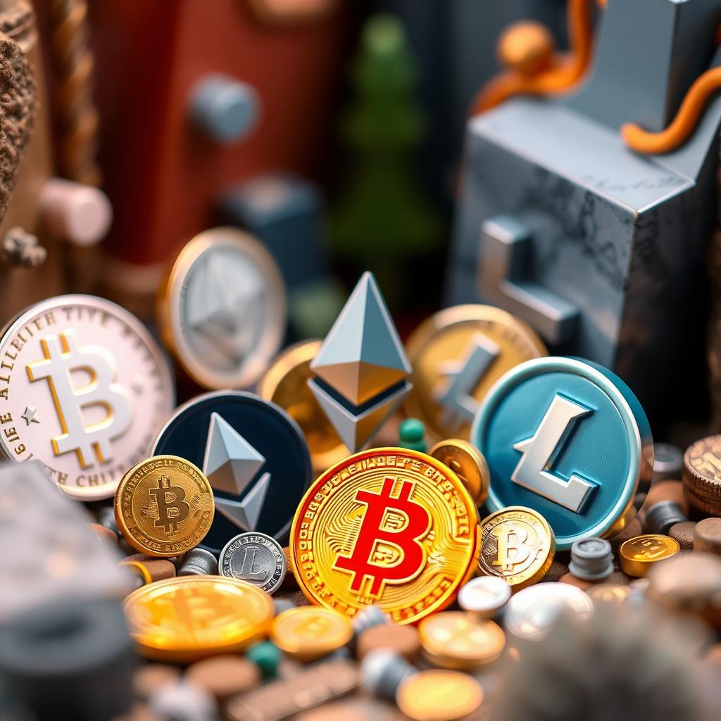 A detailed and colorful miniature illustration featuring various popular cryptocurrencies like Bitcoin, Ethereum, and Litecoin