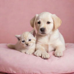 A cute Labrador puppy and a kitten cuddling together on a pink pet bed