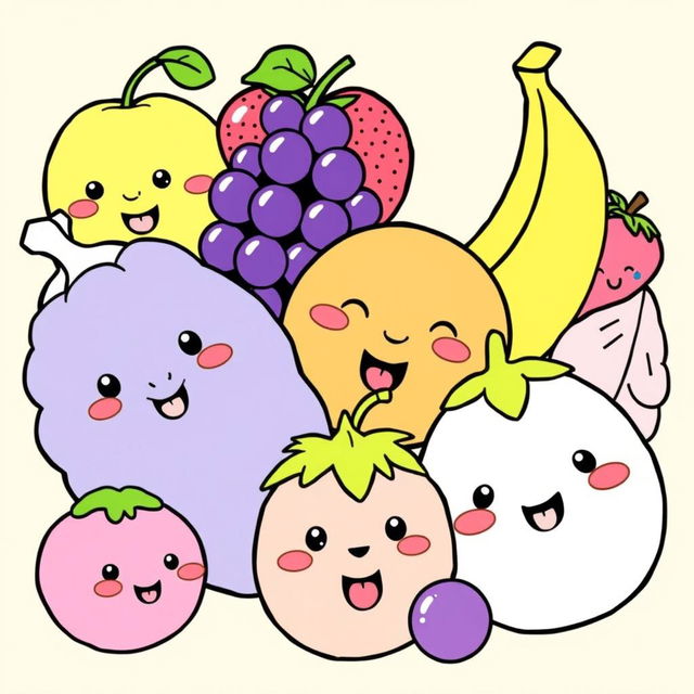 Uma capa de frutas animadas para colorir, com várias frutas como maçãs, bananas, uvas e morangos, todas bem coloridas e com expressões divertidas