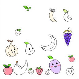 Uma capa de frutas animadas para colorir, com várias frutas como maçãs, bananas, uvas e morangos, todas bem coloridas e com expressões divertidas