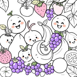 Uma capa de frutas animadas para colorir, com várias frutas como maçãs, bananas, uvas e morangos, todas bem coloridas e com expressões divertidas