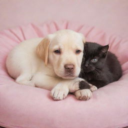 A cute Labrador puppy and a kitten cuddling together on a pink pet bed