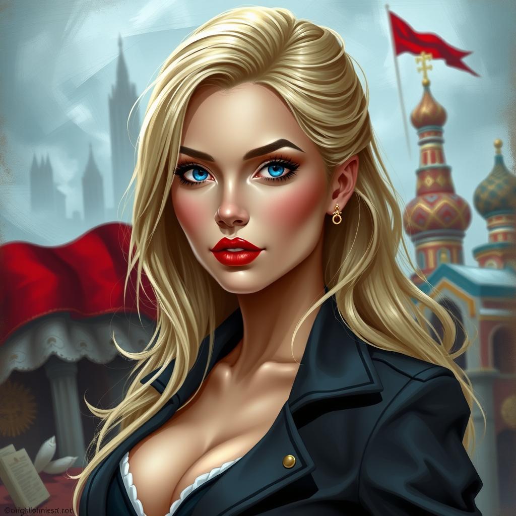 A depiction of a Russian woman with blonde hair, blue eyes, and red lips