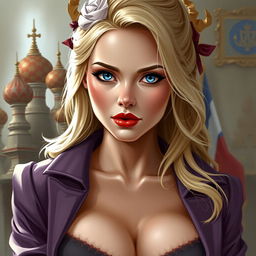 A depiction of a Russian woman with blonde hair, blue eyes, and red lips