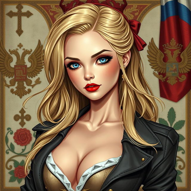 A depiction of a Russian woman with blonde hair, blue eyes, and red lips